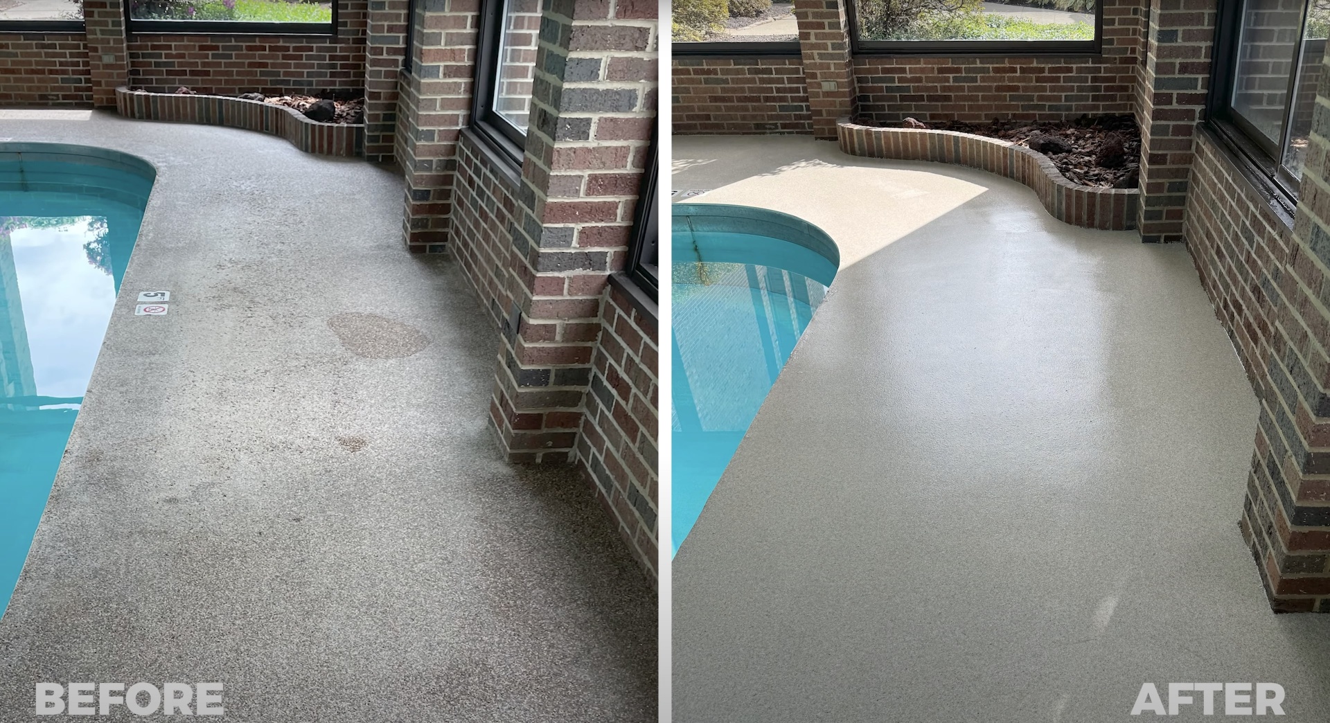 Pool Deck Concrete Refinishing - Before and After Results Professional pool deck concrete refinishing showing before and after transformation